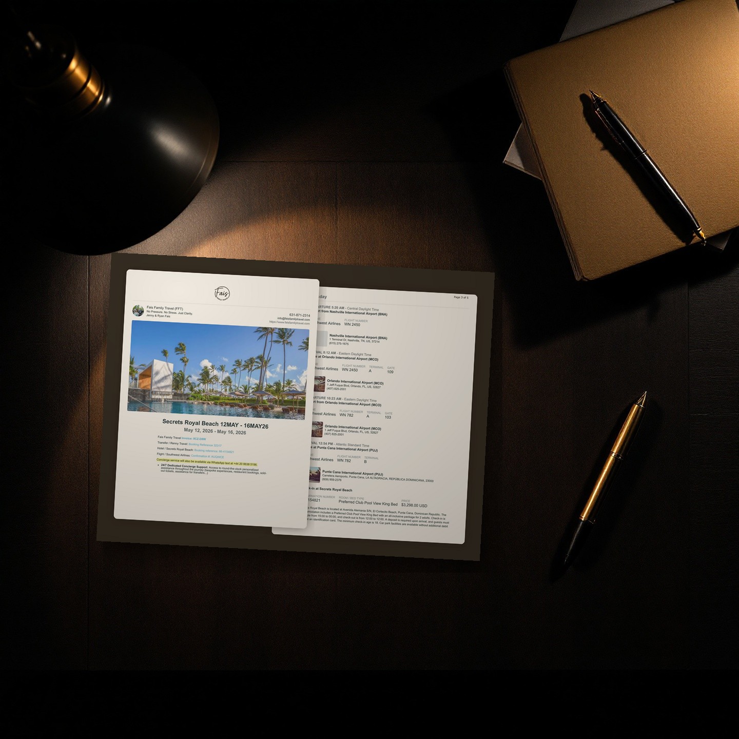 Pages of a real Fais Family Travel Blueprint on a dark desk, lit by the warm pool of a brass lamp.